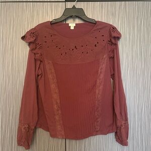 Anthropologie Burgundy Lace-Trim Long Sleeve Top